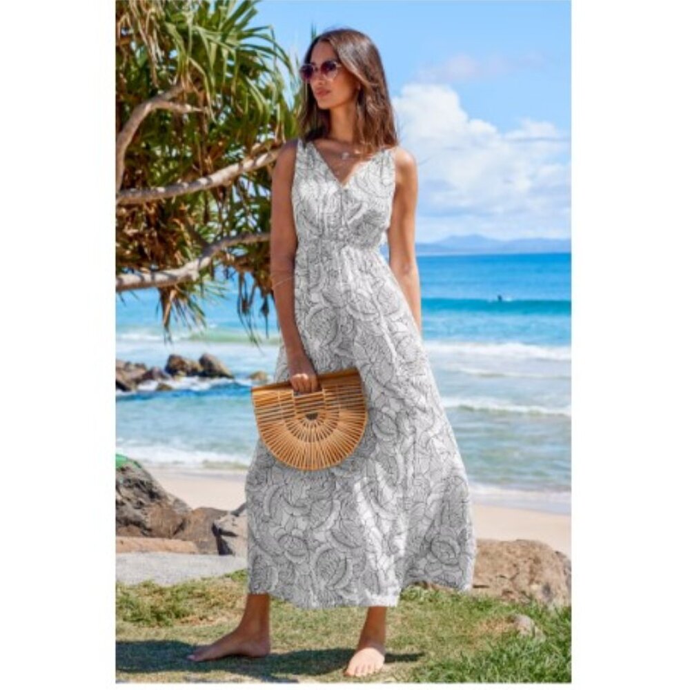 Cupshe Black & White Leaf Sleeveless Surplice Split Maxi Dress White / M